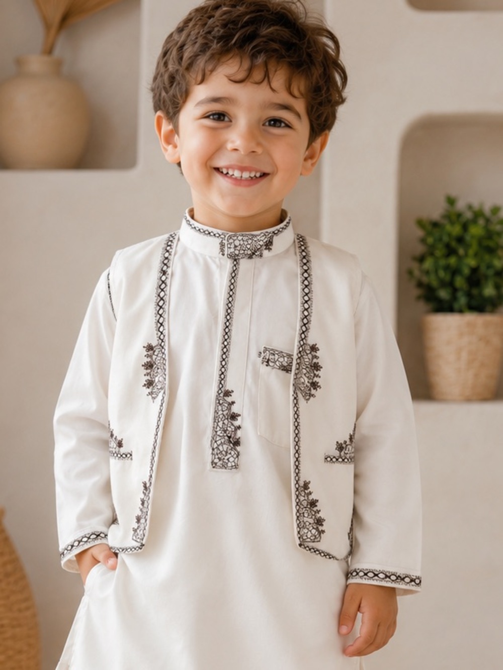 Boys White Embroidered Kurta Abaya with Vest Set